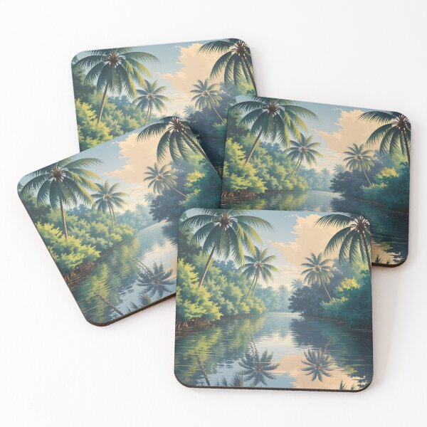 Item preview, Kerala Backwaters: Sunrise Reflections Amid Coconut Palms designed and sold by LSVart.