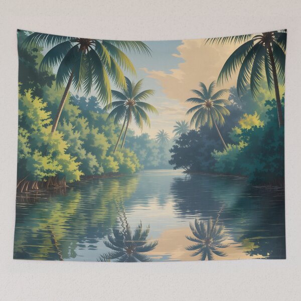 Item preview, Kerala Backwaters: Sunrise Reflections Amid Coconut Palms designed and sold by LSVart.