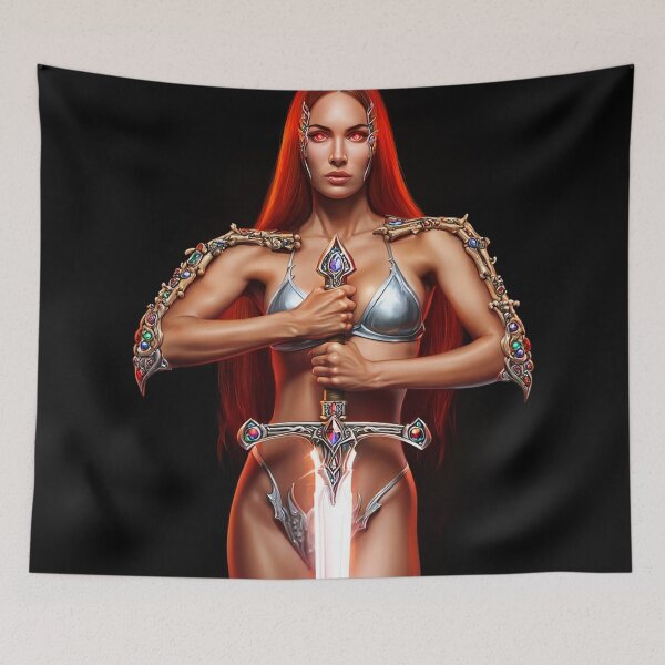 Item preview, Red Haired warrior woman fantasy art designed and sold by Vintage Designs +.