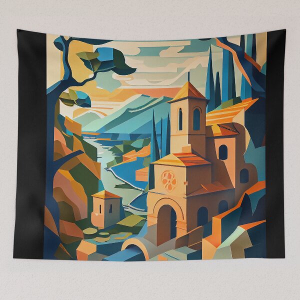 Item preview, Geometric Mediterranean Village - Cubist Landscape Art designed and sold by ShadowAndSlate.