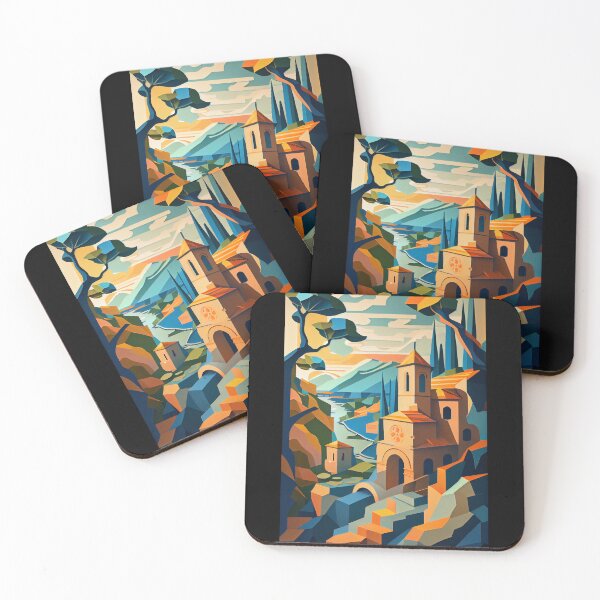 Item preview, Geometric Mediterranean Village - Cubist Landscape Art designed and sold by ShadowAndSlate.