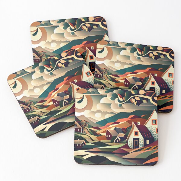 Item preview, Cubist Dreamscape: Abstract Village & Mountain Landscape designed and sold by ShadowAndSlate.