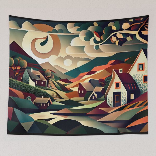 Item preview, Cubist Dreamscape: Abstract Village & Mountain Landscape designed and sold by ShadowAndSlate.