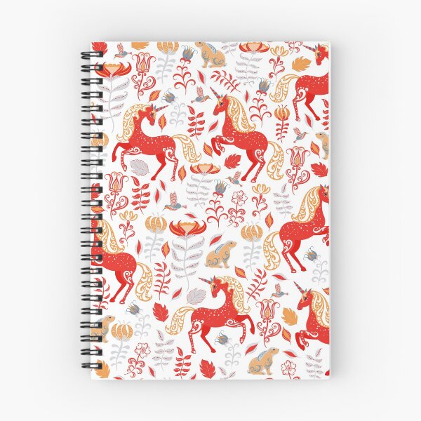 Item preview, Red unicorns, gray rabbits, hummingbirds with ornaments, magic flowers and leaves. Decorative pattern in Scandinavian style. designed and sold by Skaska.