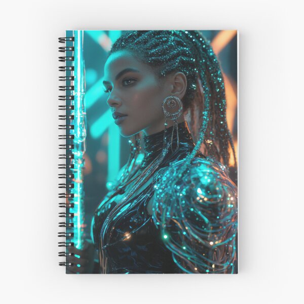 Item preview, Futuristic Female Cyborg with Neon Turquoise and Copper Spear — Cosmic Cyberpunk Warrior designed and sold by ArtiQreate.