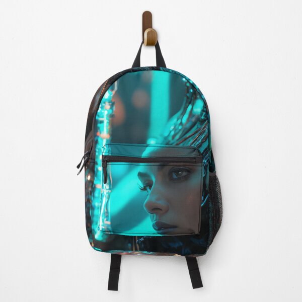 Item preview, Futuristic Female Cyborg with Neon Turquoise and Copper Spear — Cosmic Cyberpunk Warrior designed and sold by ArtiQreate.