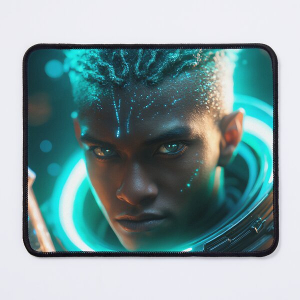 Item preview, Futuristic Male Cyborg with Neon Turquoise and Copper Spear — Cosmic Cyberpunk Warrior designed and sold by ArtiQreate.