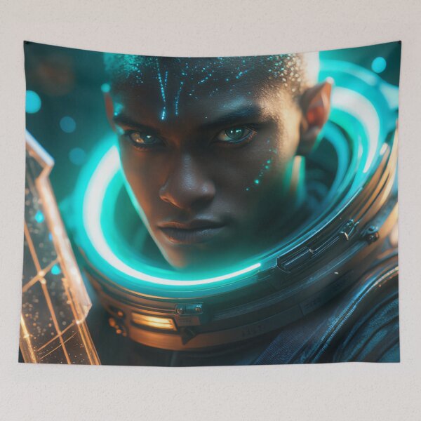 Item preview, Futuristic Male Cyborg with Neon Turquoise and Copper Spear — Cosmic Cyberpunk Warrior designed and sold by ArtiQreate.