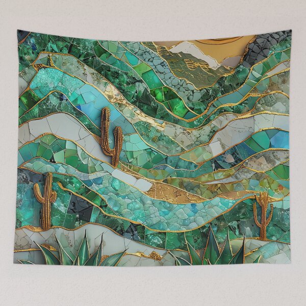 Item preview, Golden Mosaic Desert Landscape with Cacti Mountains designed and sold by Topmaxdesign.