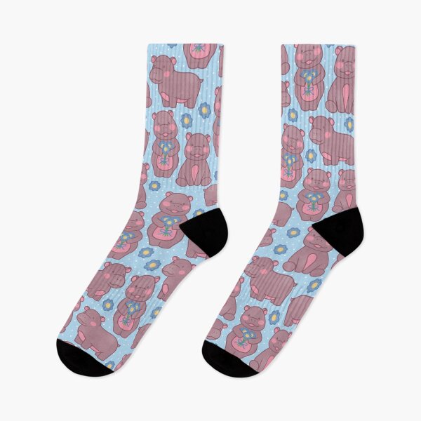 Item preview, cute baby hippo pattern with pretty blue flowers designed and sold by winterpumpkin.