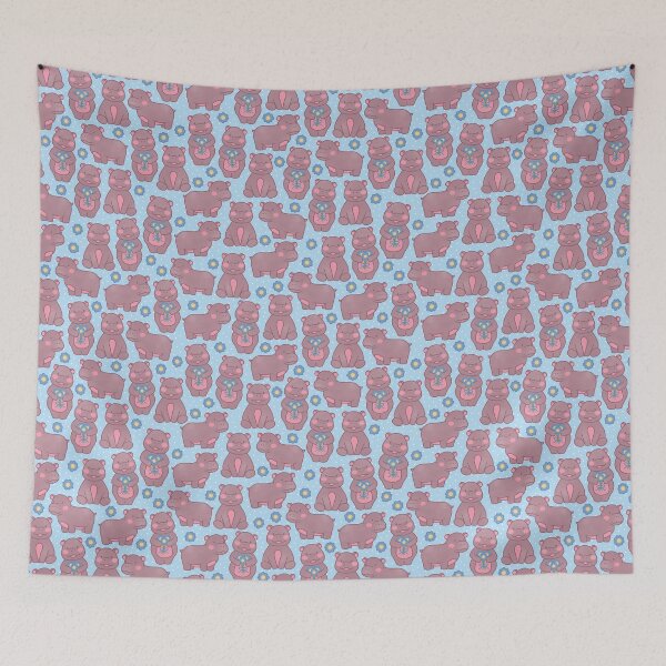 Item preview, cute baby hippo pattern with pretty blue flowers designed and sold by winterpumpkin.