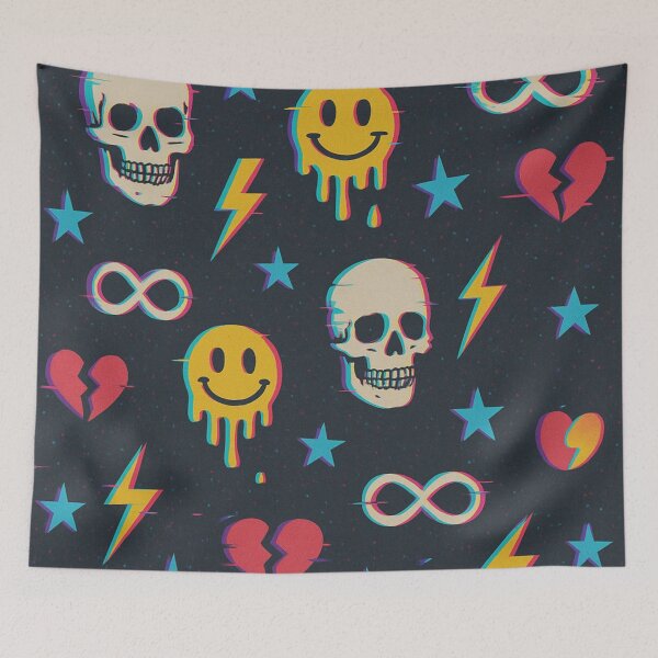 Item preview, Glitchcore Skulls and Smiley Faces Seamless Pattern designed and sold by Cheslyn Moses.