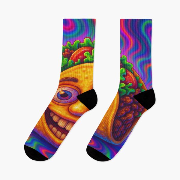 Aperçu de l'œuvre Taco Trip – Psychedelic Smiling Taco Character créée et vendue par buzzprints1234.