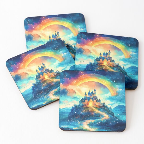 Item preview, Fairy Tale Castle Under Rainbow – Fantasy Watercolor Landscape designed and sold by Myra365Art.