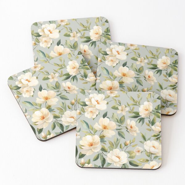 Item preview, Seamless White Rose Pattern – Soft Watercolor Floral Design with Olive Green Leaves on Pastel Gray Background designed and sold by AnnaAdum.