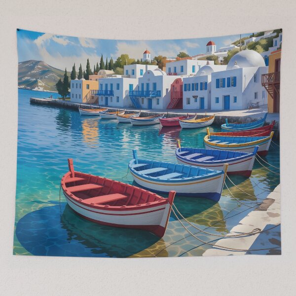 Item preview, Mykonos Harbour: Fishing Boats Along the Water’s Edge designed and sold by LSVart.