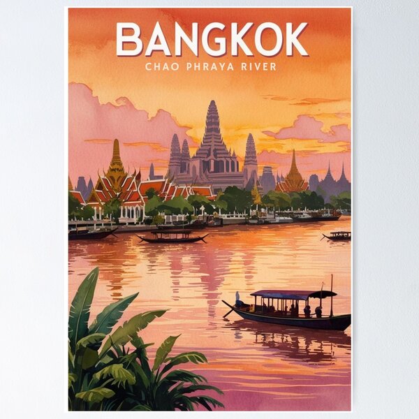 Item preview, Bangkok Poster, Chao Phraya Art, Vintage Thailand Travel designed and sold by Bits & Bops Boutique.