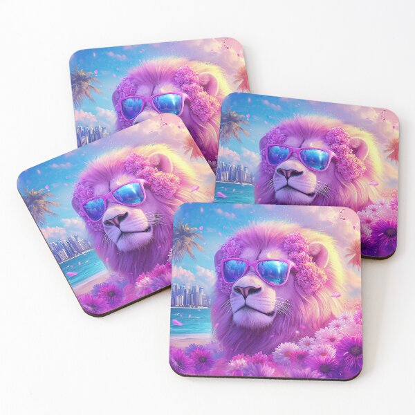 Item preview, Summer Miami Lion in Purple Flowers - Surreal Wildlife art designed and sold by TheArtistOf2022.