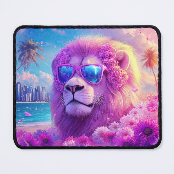 Item preview, Summer Miami Lion in Purple Flowers - Surreal Wildlife art designed and sold by TheArtistOf2022.