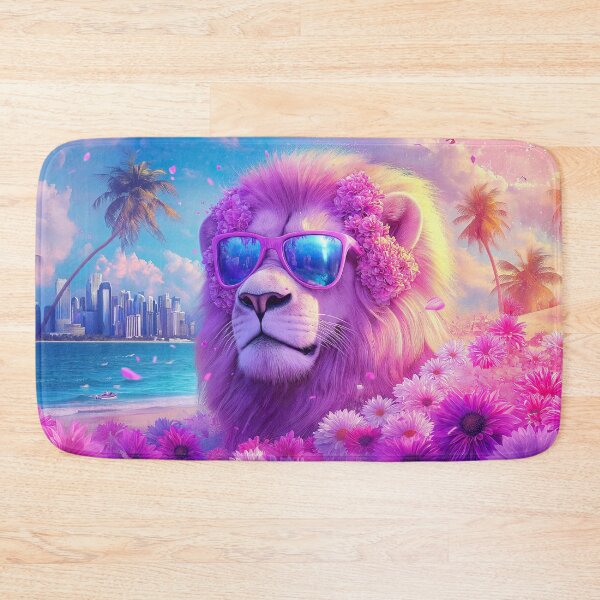 Item preview, Summer Miami Lion in Purple Flowers - Surreal Wildlife art designed and sold by TheArtistOf2022.