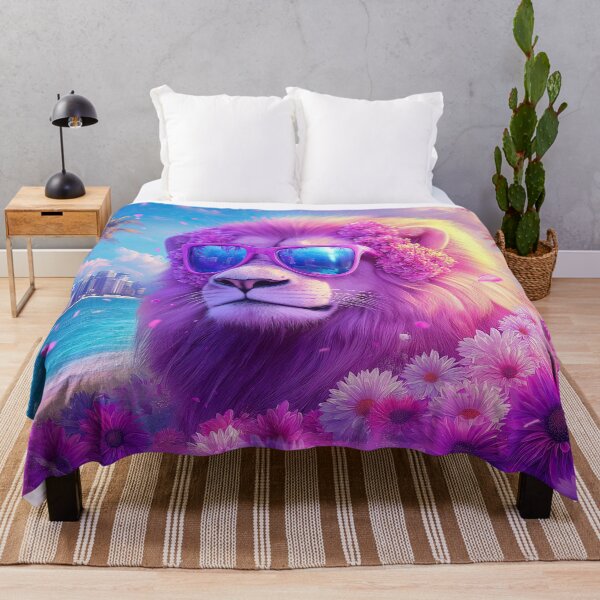 Item preview, Summer Miami Lion in Purple Flowers - Surreal Wildlife art designed and sold by TheArtistOf2022.