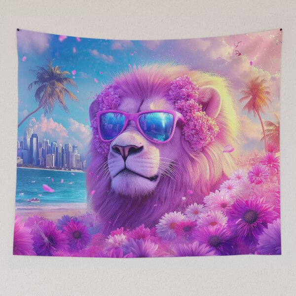 Item preview, Summer Miami Lion in Purple Flowers - Surreal Wildlife art designed and sold by TheArtistOf2022.