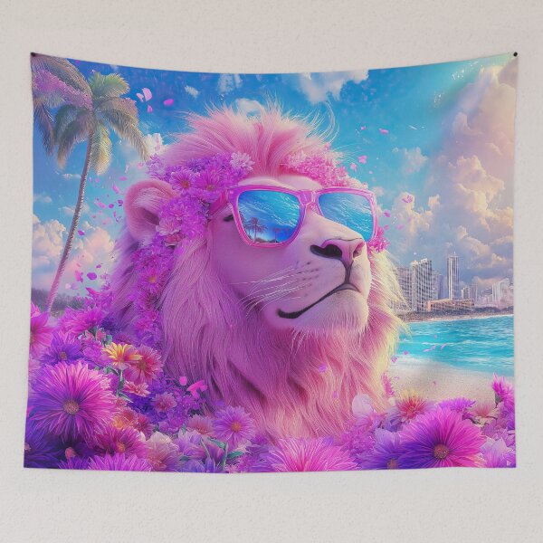 Item preview, Summer Miami Lion in Purple Flowers - Surreal Wildlife art designed and sold by TheArtistOf2022.
