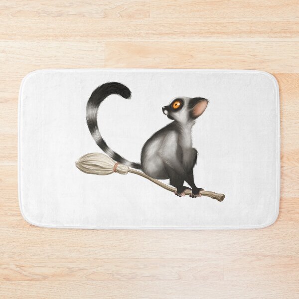 Item preview, Cute cartoon lemur riding a broomstick with mischievous expression in a whimsical style designed and sold by Ms. Iryna.