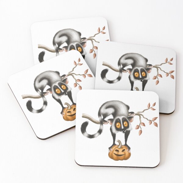 Item preview, Lemur creature balancing on a branch with a Halloween pumpkin during autumn festivities designed and sold by Ms. Iryna.