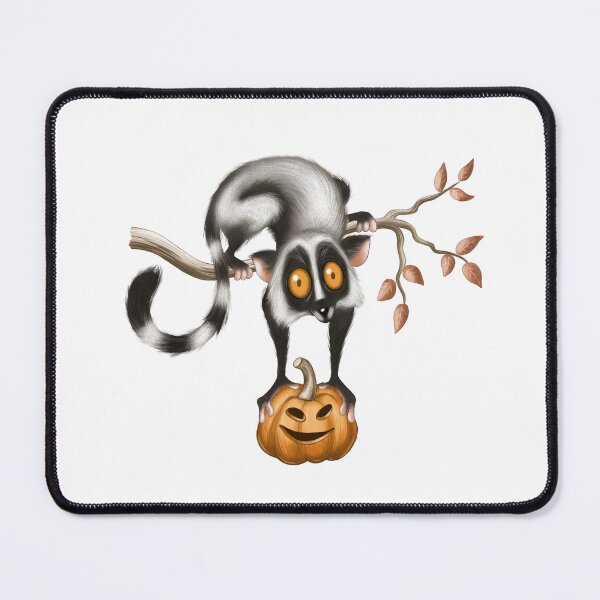 Item preview, Lemur creature balancing on a branch with a Halloween pumpkin during autumn festivities designed and sold by Ms. Iryna.