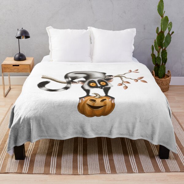 Item preview, Lemur creature balancing on a branch with a Halloween pumpkin during autumn festivities designed and sold by Ms. Iryna.