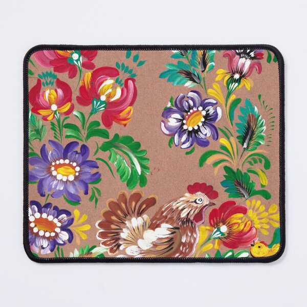 Item preview, Hen with chicks in the flower garden – folk art on kraft paper designed and sold by BohoCow.