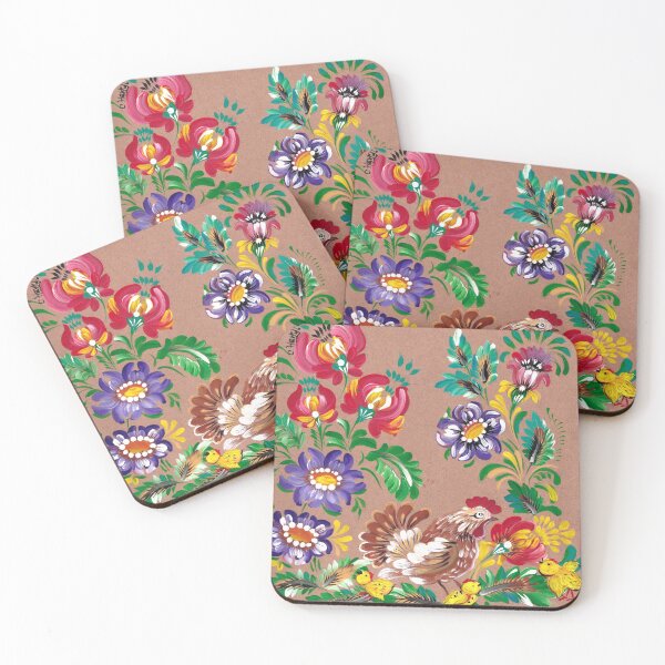 Item preview, Hen with chicks in the flower garden – folk art on kraft paper designed and sold by BohoCow.