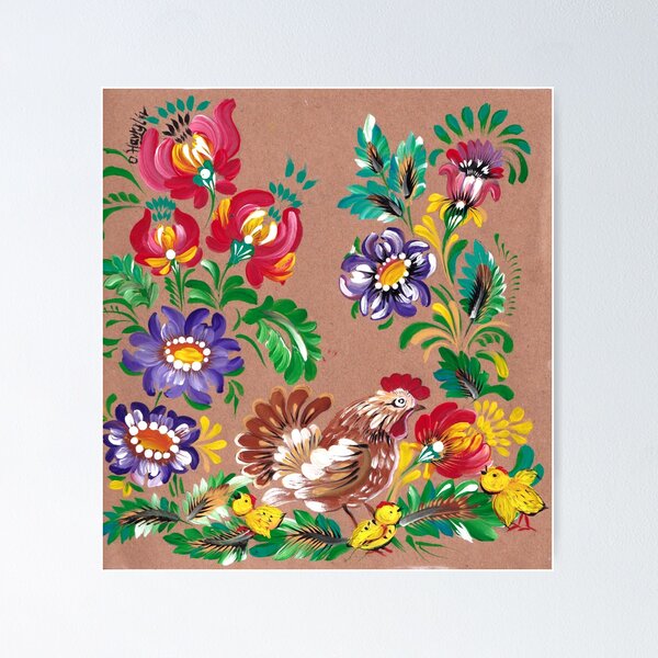 Item preview, Hen with chicks in the flower garden – folk art on kraft paper designed and sold by BohoCow.
