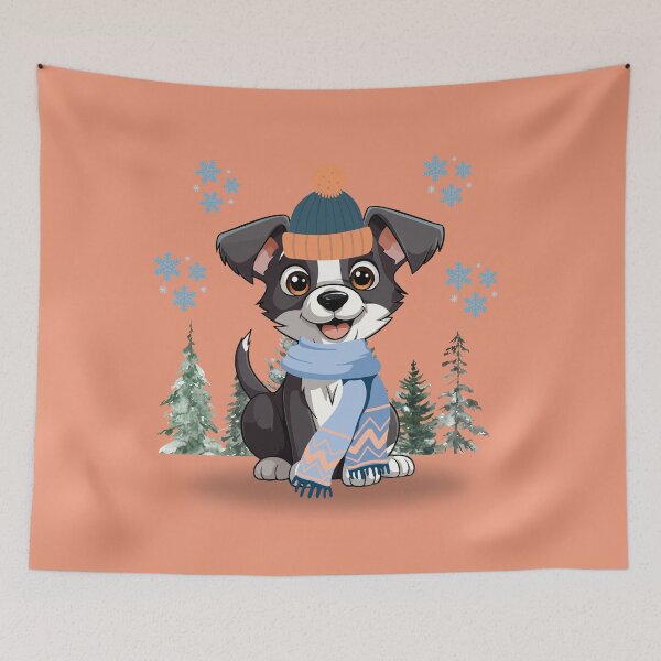 Item preview, Cute Winter Dog with Hat and Scarf in the Snowy Forest designed and sold by MadeByKriss.