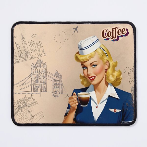 Item preview, Retro Coffee Lady – Vintage Blonde Air Hostess Art with City Skylines designed and sold by All-About-Life.