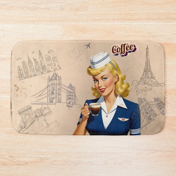 Item preview, Retro Coffee Lady – Vintage Blonde Air Hostess Art with City Skylines designed and sold by All-About-Life.