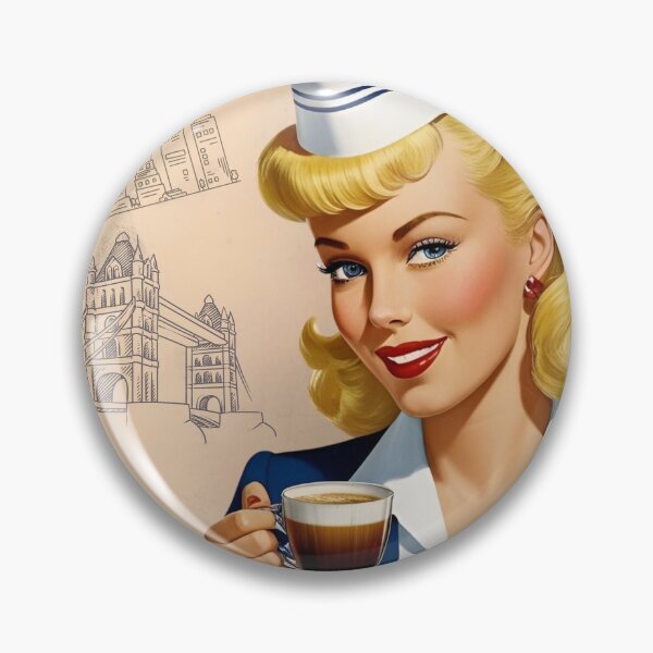 Item preview, Retro Coffee Lady – Vintage Blonde Air Hostess Art with City Skylines designed and sold by All-About-Life.