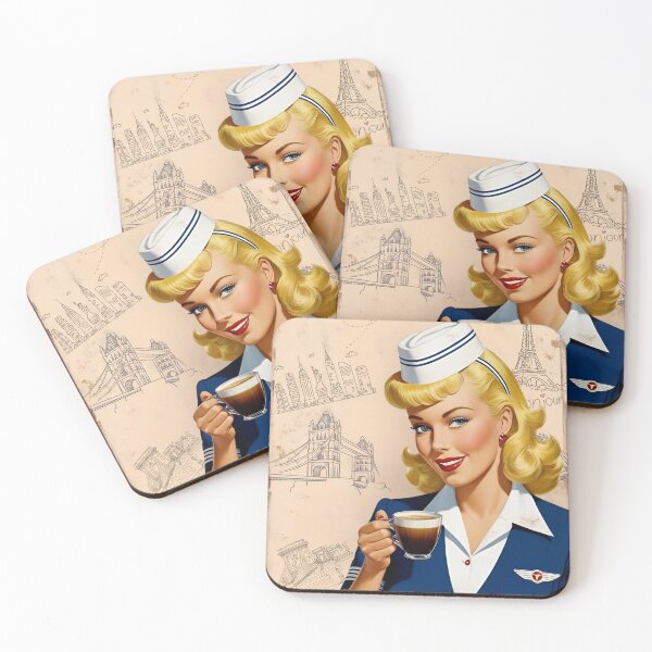 Item preview, Retro Coffee Lady – Vintage Blonde Air Hostess Art with City Skylines designed and sold by All-About-Life.