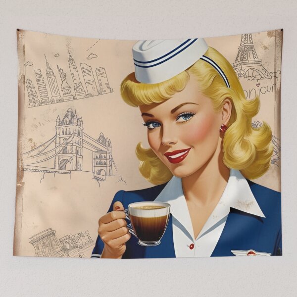 Item preview, Retro Coffee Lady – Vintage Blonde Air Hostess Art with City Skylines designed and sold by All-About-Life.