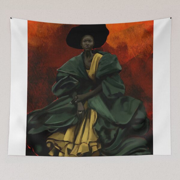 Item preview, Afrofuturist Elegance Portrait – Bold Woman in Dramatic Fashion and Fiery Tones designed and sold by jassoart.