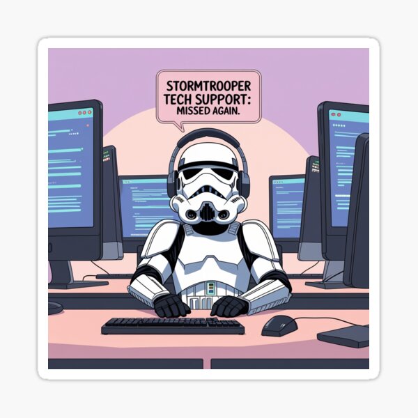 Item preview, Stormtrooper Tech Support: Missed Again – Funny Star Wars Meme Sticker designed and sold by FikaAndFeed.