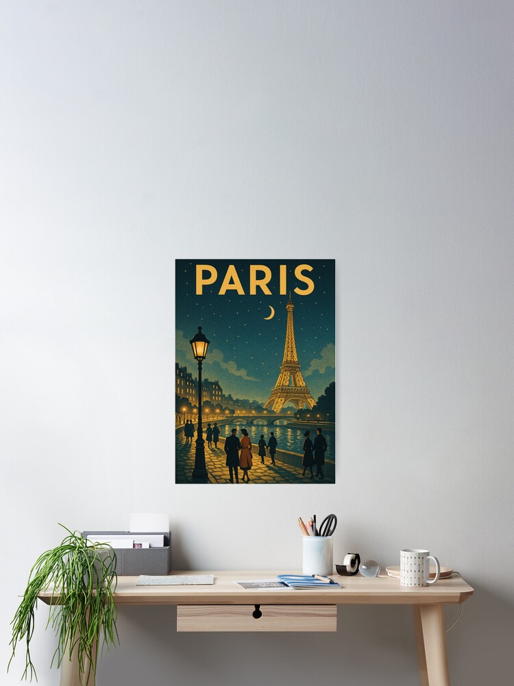 Aperçu 2 sur 3. Poster avec l'œuvre Paris au clair de lune — Affiche de voyage vintage de la France créée et vendue par MonoChromeMe.
