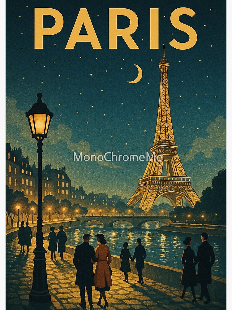 Aperçu 3 sur 3. Poster avec l'œuvre Paris au clair de lune — Affiche de voyage vintage de la France créée et vendue par MonoChromeMe.