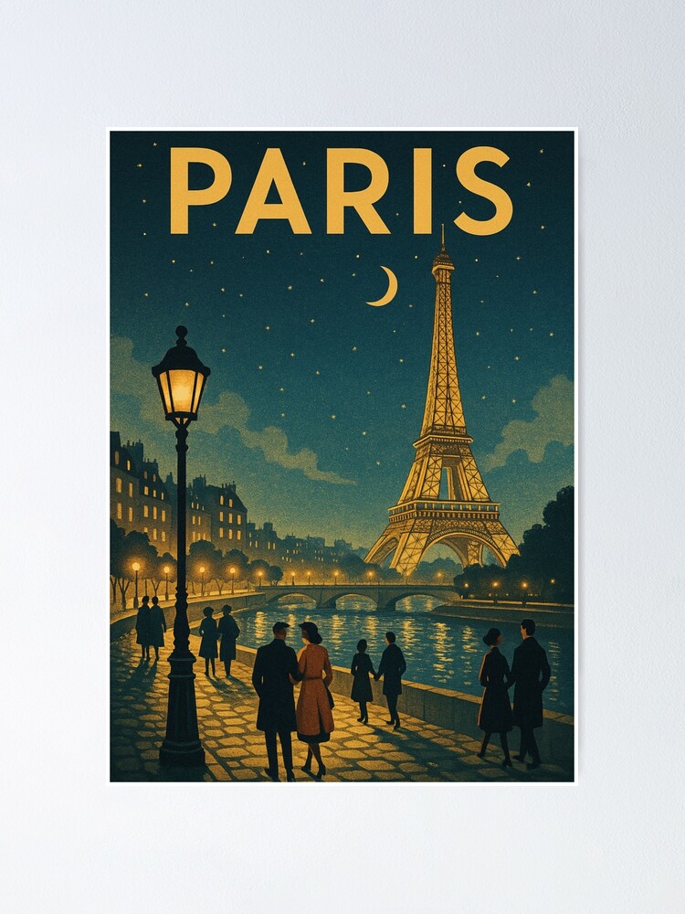 Aperçu 1 sur 3. Poster avec l'œuvre Paris au clair de lune — Affiche de voyage vintage de la France créée et vendue par MonoChromeMe.