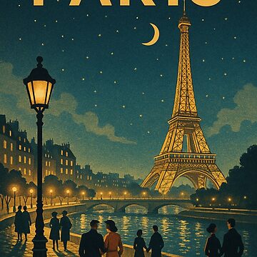 Aperçu de l'œuvre Paris au clair de lune — Affiche de voyage vintage de la France de MonoChromeMe