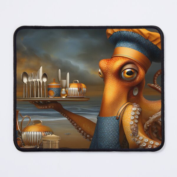 Item preview, Elegant octopus chef serving fine dining on sea coast designed and sold by Artessie.
