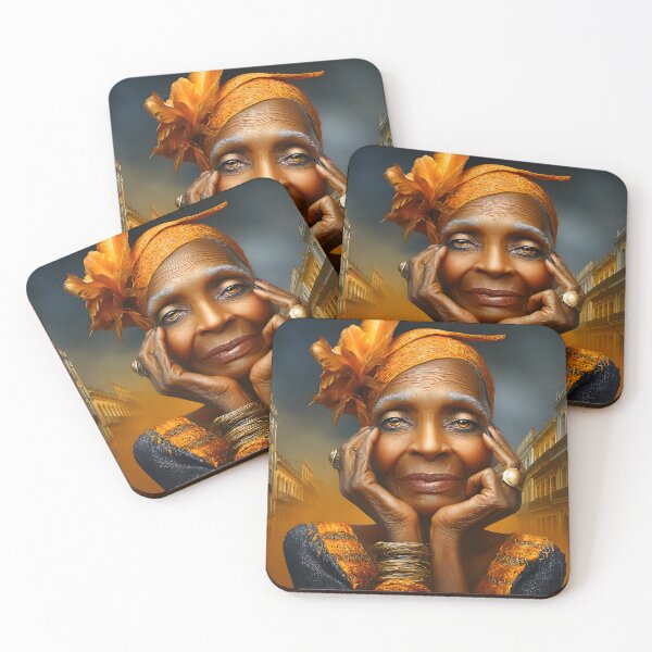 Item preview, Elegant elderly woman with orange headwrap in street designed and sold by Artessie.