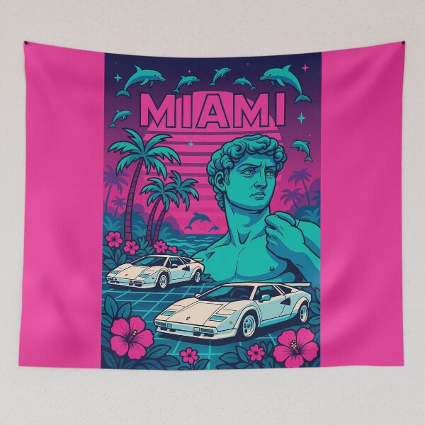 Item preview, Retro Vaporwave Design with Palm Trees, Dolphins & Classic Cars designed and sold by PixelForge.com.de.
