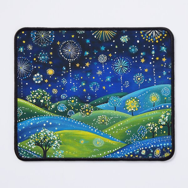 Item preview, Lime Green and Royal Blue Landscape with Yellow Fireworks and Flowers designed and sold by Neika Shimm Designs.
